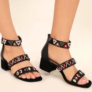 CHINESE LAUNDRY Mandala Black Leather Beaded Ankle Strap Heels Size 7.5